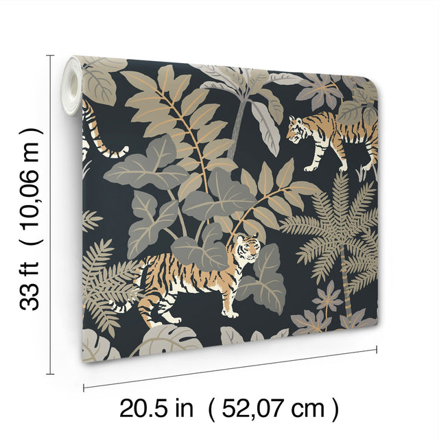 Caspian Charcoal Jungle Prowl Wallpaper with Metallic Bohemian Animal Motif - A-Street Prints 4146-27249