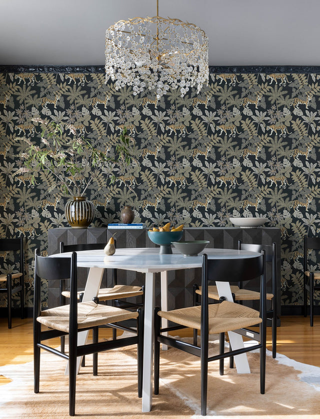 Caspian Charcoal Jungle Prowl Wallpaper with Metallic Bohemian Animal Motif - A-Street Prints 4146-27249