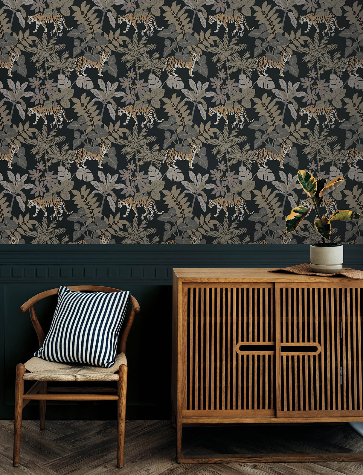 Caspian Charcoal Jungle Prowl Wallpaper with Metallic Bohemian Animal Motif - A-Street Prints 4146-27249