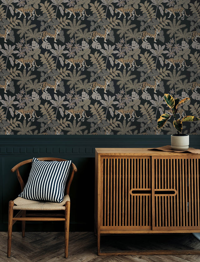 Caspian Charcoal Jungle Prowl Wallpaper with Metallic Bohemian Animal Motif - A-Street Prints 4146-27249