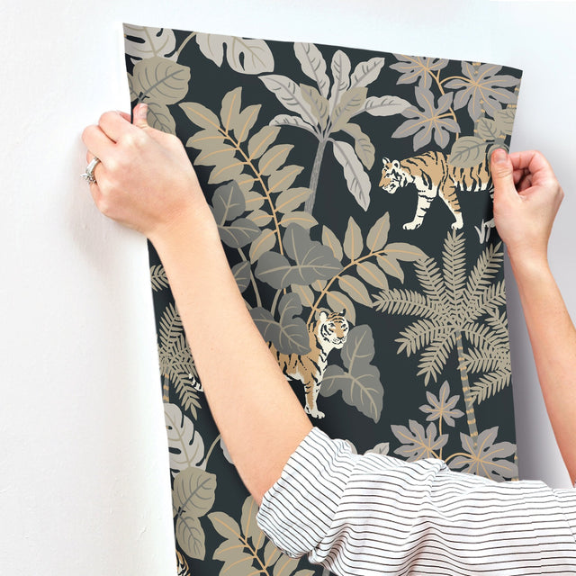 Caspian Charcoal Jungle Prowl Wallpaper with Metallic Bohemian Animal Motif - A-Street Prints 4146-27249