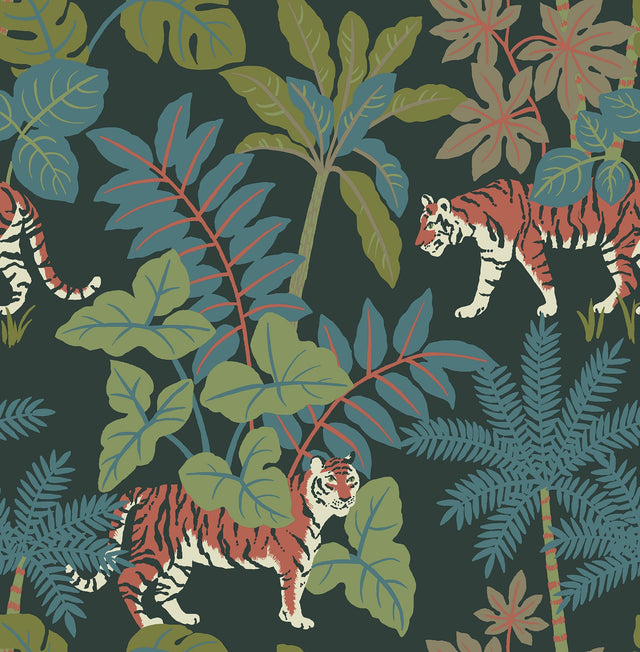 Caspian Jungle Prowl Evergreen Wallpaper with Bohemian Animal Motif - A-Street Prints 4146-27251