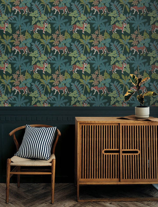 Caspian Jungle Prowl Evergreen Wallpaper with Bohemian Animal Motif - A-Street Prints 4146-27251