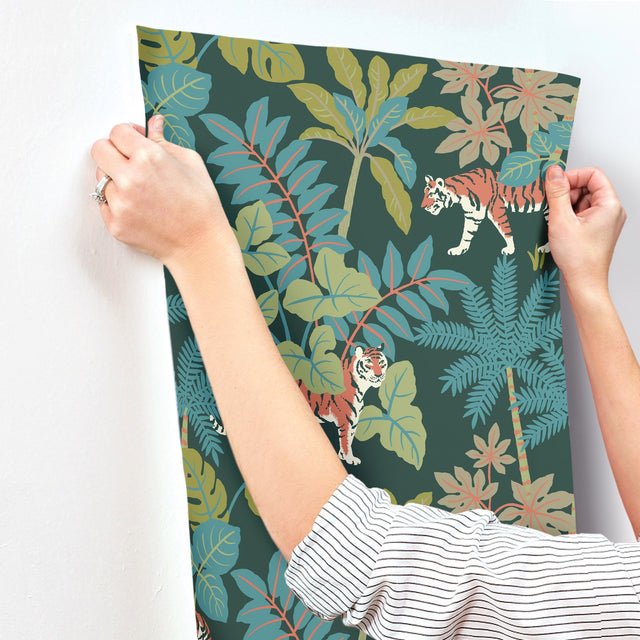 Caspian Jungle Prowl Evergreen Wallpaper with Bohemian Animal Motif - A-Street Prints 4146-27251