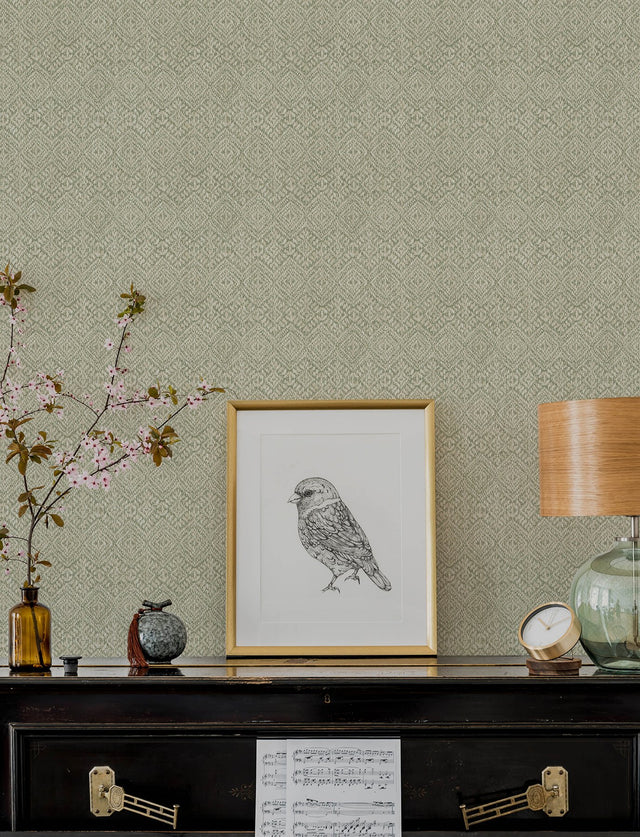 Gallivant Sage Woven Geometric Wallpaper with Textured Raised Ink Bohemian Global Pattern - Brewster 4146-27253