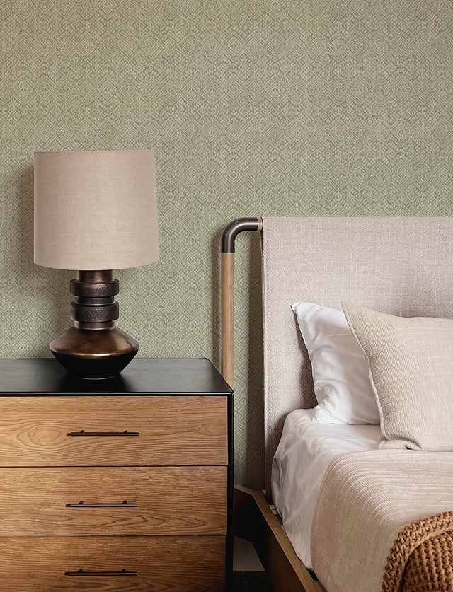Gallivant Sage Woven Geometric Wallpaper with Textured Raised Ink Bohemian Global Pattern - Brewster 4146-27253