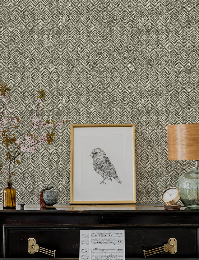 Gallivant Black Woven Geometric Wallpaper with Bohemian Global Motif - Brewster 4146-27255