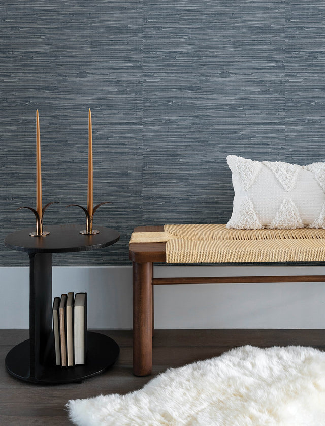 Exhale Indigo Woven Faux Grasscloth Wallpaper with Traditional Faux Grasscloth Pattern - Brewster 4146-27260