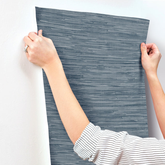 Exhale Indigo Woven Faux Grasscloth Wallpaper with Traditional Faux Grasscloth Pattern - Brewster 4146-27260