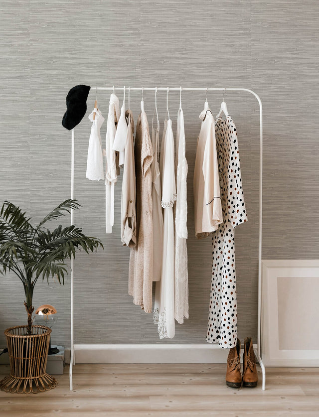 Exhale Light Grey Woven Faux Grasscloth Wallpaper with Raised Ink Texture - Brewster 4146-27263