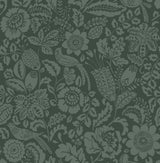 Marta Green Floral Trail wallpaper by A-Street Prints showing tonal birds and flowers on a hunter green ground