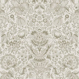 Blanche Neutral Floral Damask wallpaper in light grey and taupe on white, non woven, 20.5 in x 33 ft roll.