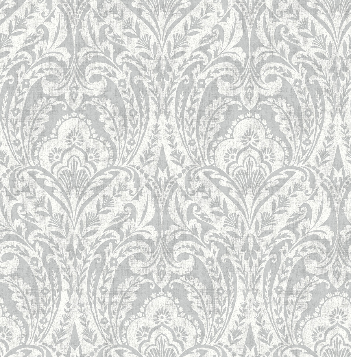 A-Street Prints Berkshire Grey Damask Wallpaper roll showing silver-grey botanical ogee damask on white, 20.5 in x 33 ft