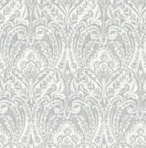 A-Street Prints Berkshire Grey Damask Wallpaper roll showing silver-grey botanical ogee damask on white, 20.5 in x 33 ft