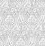 A-Street Prints Berkshire Grey Damask Wallpaper roll showing silver-grey botanical ogee damask on white, 20.5 in x 33 ft