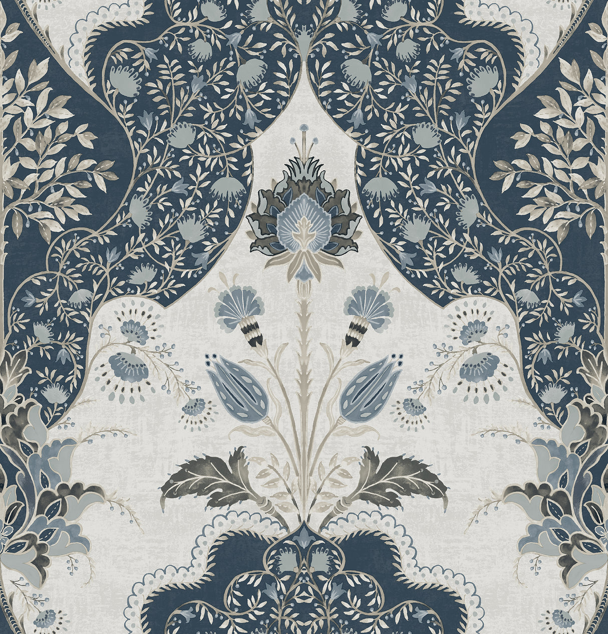 Auden Dark Blue Floral Grandeur non woven wallpaper with large floral ogee pattern