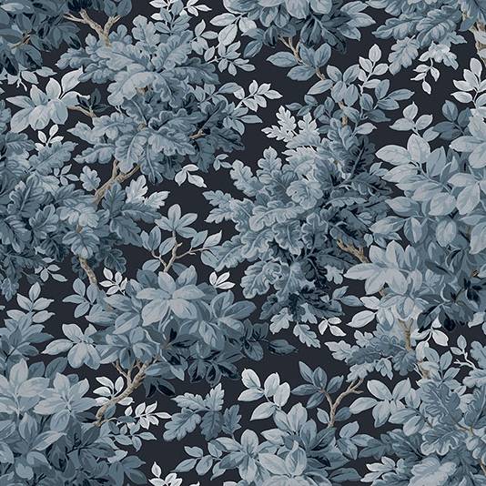 Greenwood wallpaper with layered blue deciduous foliage on a dark blue background.