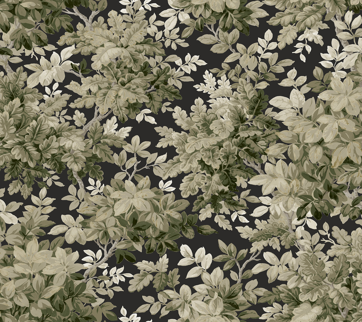 A-Street Prints Greenwood Black Deciduous Wallpaper leafy botanical pattern on black