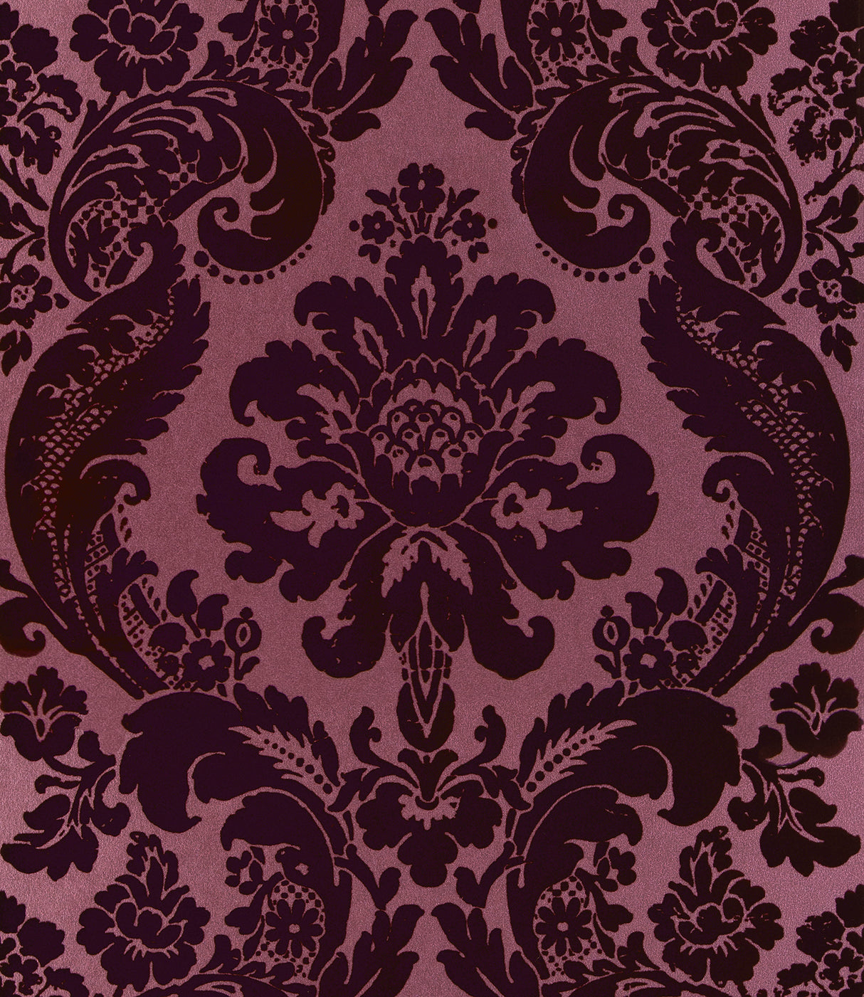 Shadow Merlot flocked damask wallpaper roll and pattern