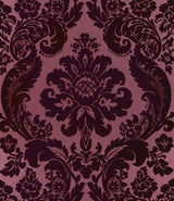 Shadow Merlot flocked damask wallpaper roll and pattern