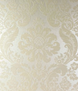 Shadow Cream Flocked Damask Wallpaper pattern and roll.
