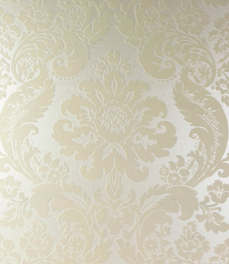 Shadow Cream Flocked Damask Wallpaper pattern and roll.