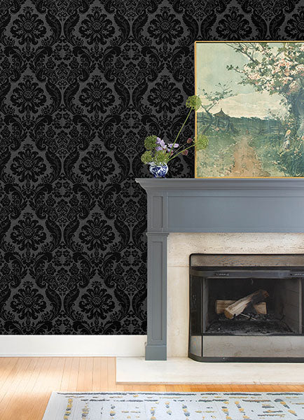 Shadow Black by A-Street Prints Flocked Damask Wallpaper – A-Street Prints 4147-87391
