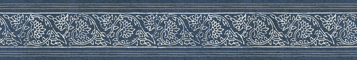 Carved Floral Blue Trim Wall Border by Chesapeake - SKU 4148-14502 featuring white floral vines on an indigo blue backdrop with grey stripe trim