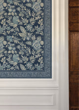 Carved Floral Blue Trim Wall Border Blue by Chesapeake Indigo Transitional Botanical Floral Vine Non Woven Wallpaper Border - Chesapeake 4148-14502