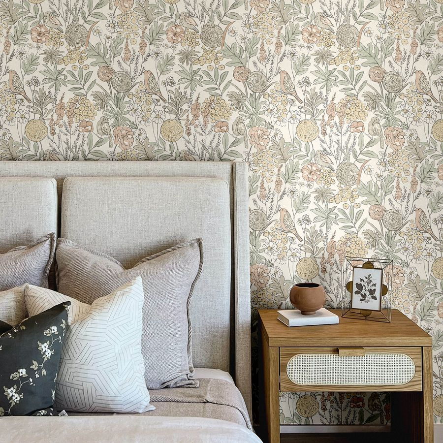 Goldfinch Peach by Chesapeake Birds and Blooms Wallpaper – Brewster Home Fashions 4148-27410