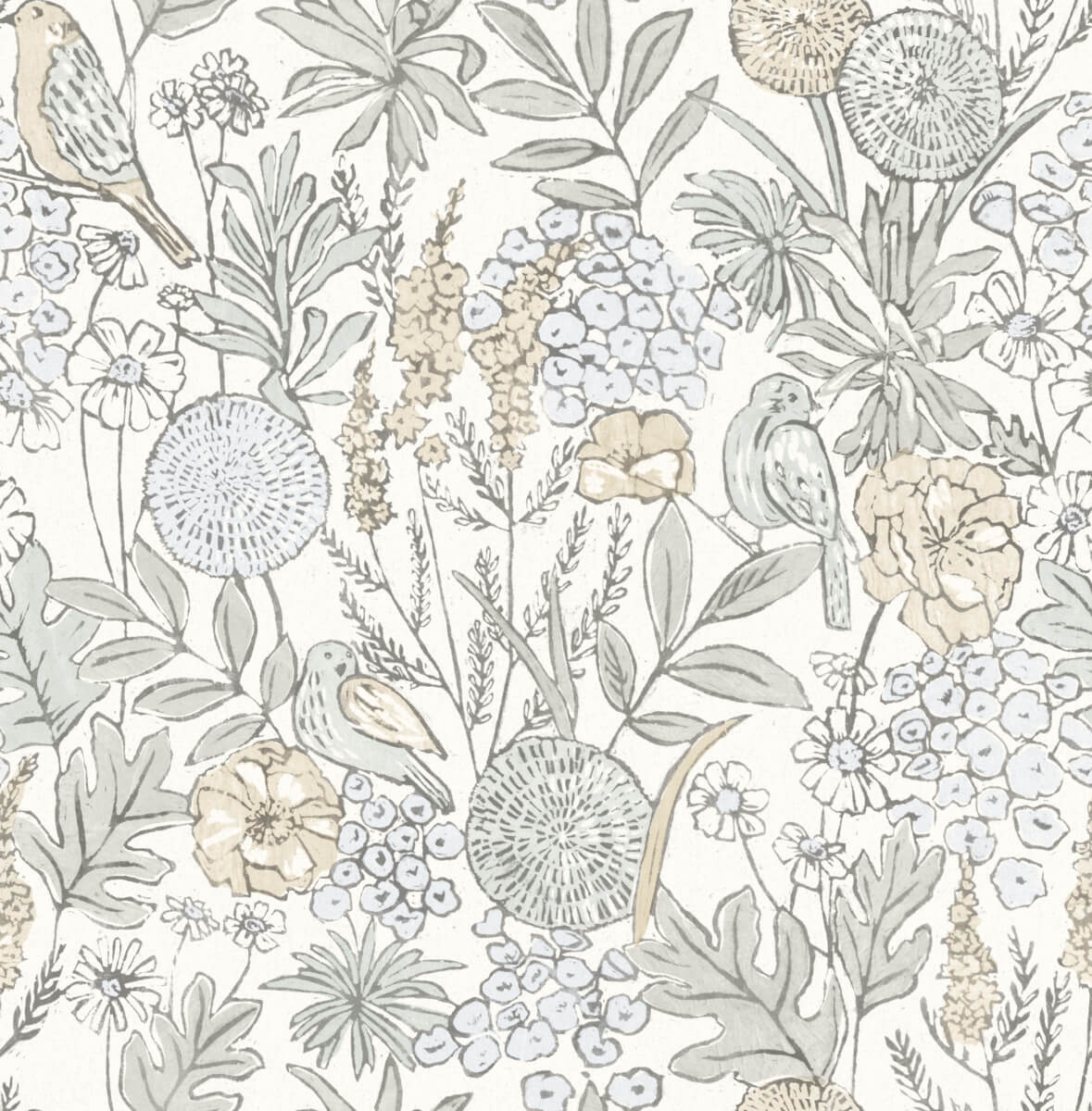 Goldfinch Neutral Birds and Blooms Wallpaper by Chesapeake featuring birds and floral botanicals in soft neutral tones