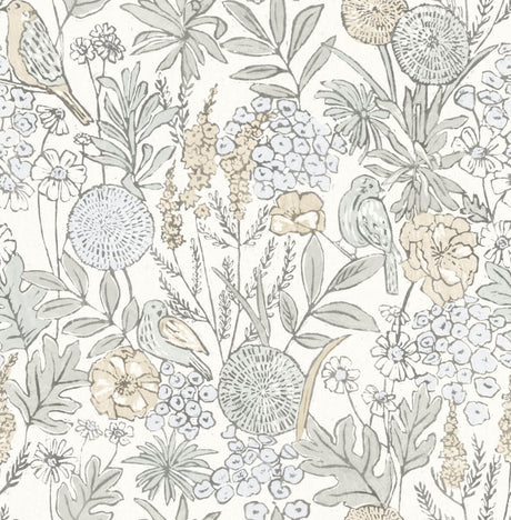 Goldfinch Neutral Birds and Blooms Wallpaper by Chesapeake featuring birds and floral botanicals in soft neutral tones