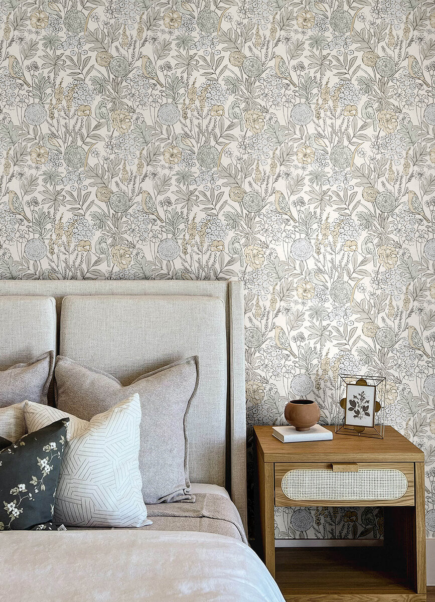 Goldfinch Neutral by Chesapeake Birds and Blooms Wallpaper – Brewster Home Fashions 4148-27411