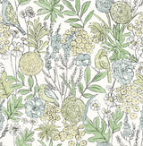 Chesapeake Goldfinch Green Birds and Blooms Wallpaper pattern with birds and botanical motifs in green and blue.