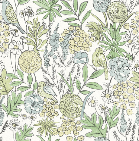Chesapeake Goldfinch Green Birds and Blooms Wallpaper pattern with birds and botanical motifs in green and blue.
