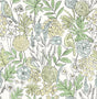 Chesapeake Goldfinch Green Birds and Blooms Wallpaper pattern with birds and botanical motifs in green and blue.