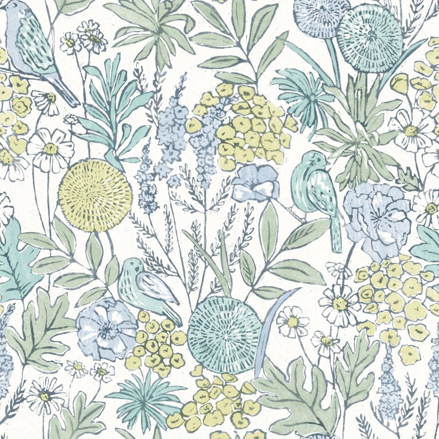 Goldfinch Aqua Birds and Blooms Wallpaper by Chesapeake