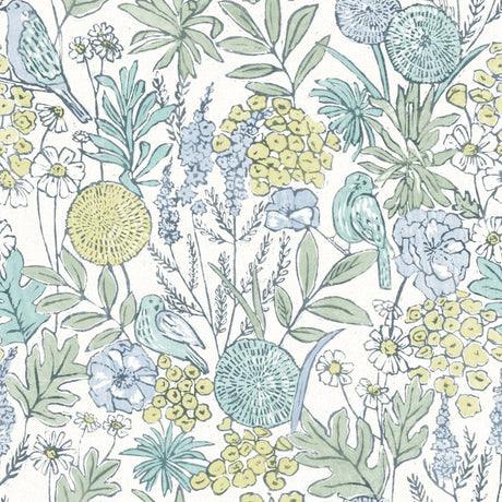 Goldfinch Aqua Birds and Blooms Wallpaper by Chesapeake
