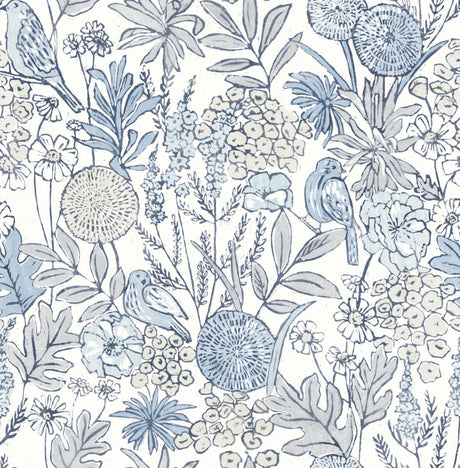 Goldfinch Blue Birds and Blooms Wallpaper by Chesapeake
