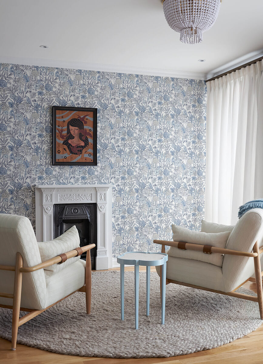 Goldfinch Blue by Chesapeake Birds and Blooms Wallpaper – Brewster Home Fashions 4148-27414