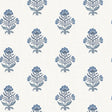 Chesapeake Hollyhock Blue Floral Crest Wallpaper pattern on linen-look background
