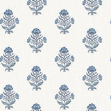 Chesapeake Hollyhock Blue Floral Crest Wallpaper pattern on linen-look background