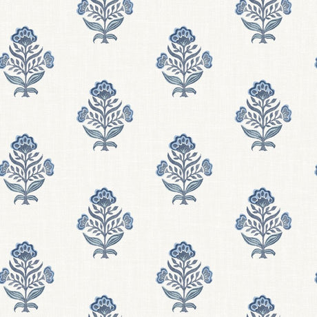 Chesapeake Hollyhock Blue Floral Crest Wallpaper pattern on linen-look background