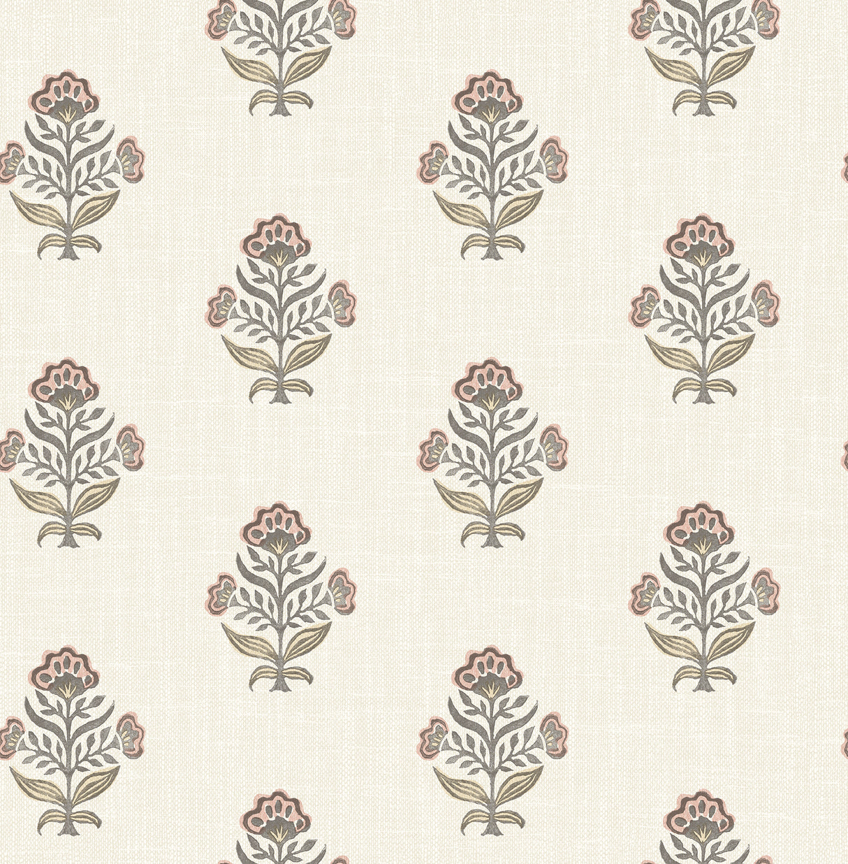 Chesapeake Hollyhock Rust Floral Crest Wallpaper pattern and room imagery