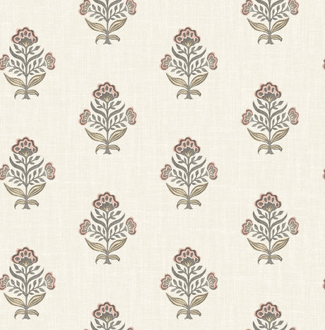 Chesapeake Hollyhock Rust Floral Crest Wallpaper pattern and room imagery