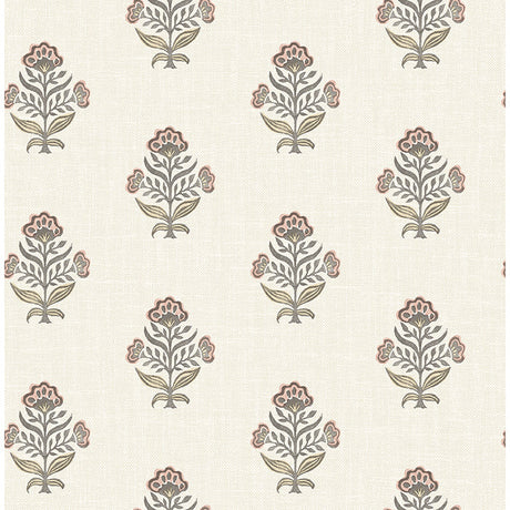 Chesapeake Hollyhock Rust Floral Crest Wallpaper pattern and room imagery