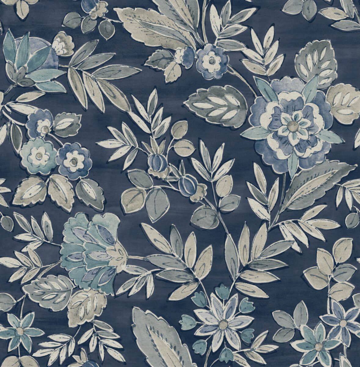 Chesapeake Begonia Indigo Floral Trail Wallpaper roll and room scenes