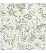 Chesapeake Begonia Sea Green floral trail wallpaper roll and room scene, 20.5 in x 33 ft