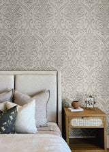 Adavu Grey by Chesapeake Unpasted Non Woven Damask Wallpaper, Paste the Wall, Washable Strippable – Brewster Home Fashions 4148-27439-Sample