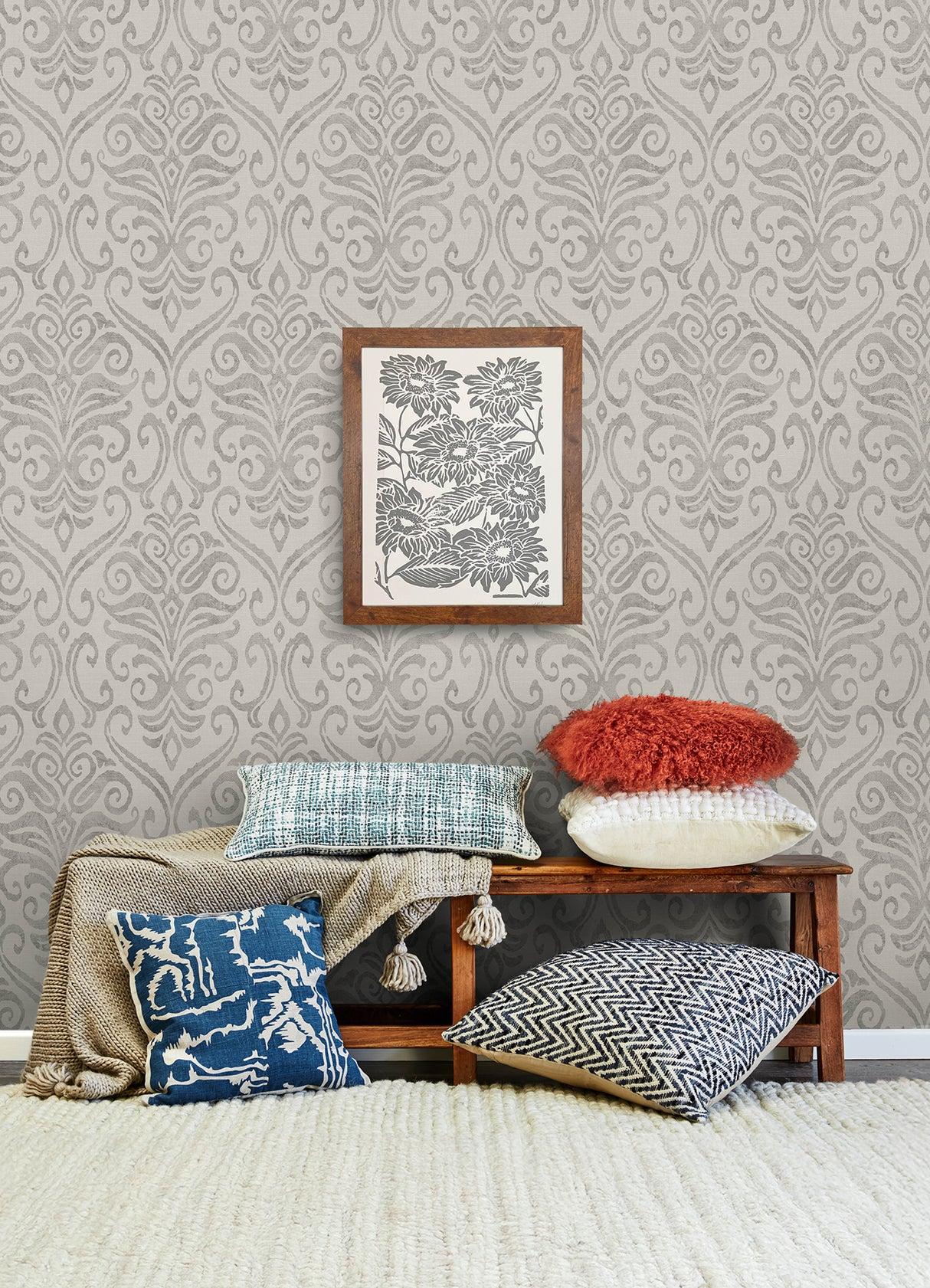 Adavu Grey by Chesapeake Unpasted Non Woven Damask Wallpaper, Paste the Wall, Washable Strippable – Brewster Home Fashions 4148-27439-Sample